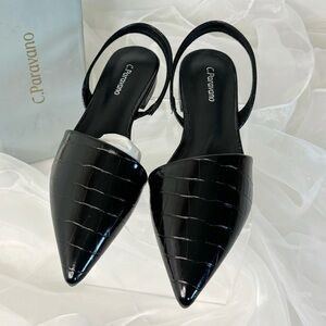C. Paravano Black Croc-Embossed Pointed Slingback Flats
